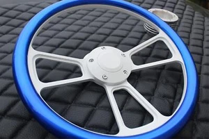 14" White 3/4" Keyway Marine Boat Steering Wheel w/ Metallic Blue Wrap and Horn - Picture 1 of 6