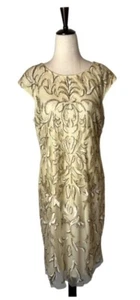 Pisarro Nights Dress Women 16 Beige Gold Champagne Beaded Embroidered Cocktail - Picture 1 of 13