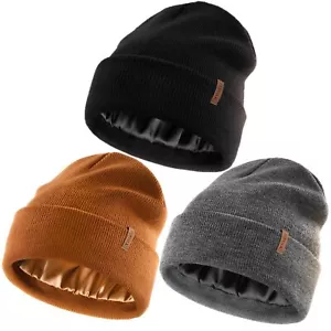 Womens Winter Warm Satin Lined Beanie Hats Silk Lining Unisex Knit Slouchy Caps - Picture 1 of 6