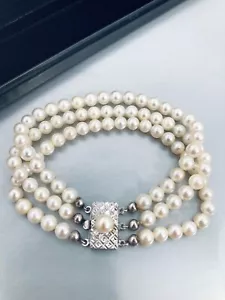 VINTAGE 1940S SILVER 835 BEAD 3 ROW AKOYA BEADS Ø 6MM BEAD BRACELET - Picture 1 of 9