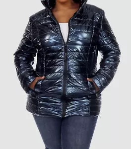 White Mark Women's Blue Metallic Logo Patch Full Zip Puffer Coat Jacket Size 1XL - Picture 1 of 3