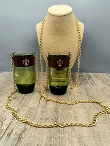 Vintage 1960s Swinger Party Drinking Glasses w/ Brass Chain Avocado Green Glass - Picture 1 of 7