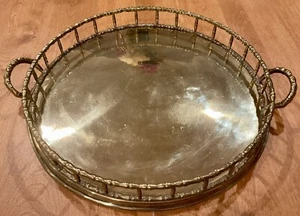 MID CENTURY HOLLYWOOD REGENCY SOLID BRASS BAMBOO ROUND 15” TRAY ESTATE FIND - Picture 1 of 14