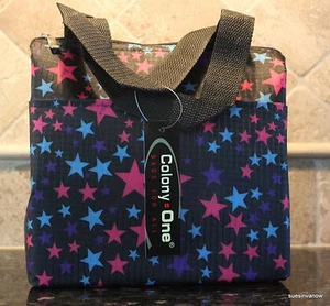 Lunch Tote Insulated Stars Pink Blue Pocket Front Designer Sturdy Travel Bag - Picture 1 of 5