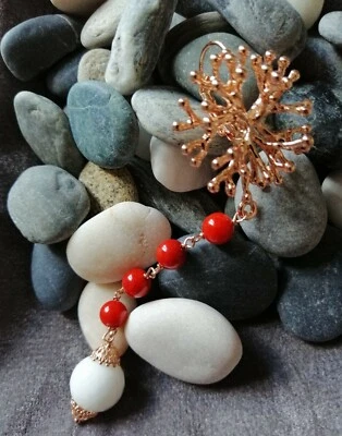 Orecchini Pendenti Donna Argento 925/bron pietre naturali Corallo agata bianca  - Immagine 1 di 4
