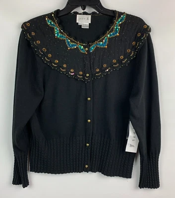 Cárdigan Suéter Just B Negro Cuello Redondo Lentejuelas Cuentas Botones Manga 3/4 XL NUEVO Foto 1 de 4