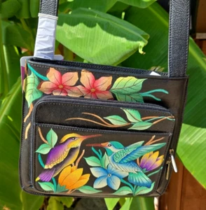 Neu mit Etikett Anna by Anuschka Umhängetasche schmal Schulter Organizer Handtasche, Vögel/Blumen - Bild 1 von 14