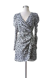 ZARA Wrap Dress White Black Animal Print Ruffle Puff sleeve Lined  SMALL - Picture 1 of 11