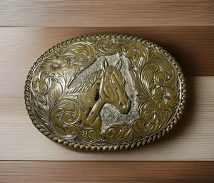 El Arturo Crumrine Bronce Caballo Flores Grande Ovalado Cinturón Hebilla Oeste EE. UU. Usado - Imagen 1 de 8