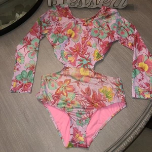 Beach Lingo Kids Teal Pink Floral Print Long Sleeve One-Piece Swimsuit Size 14 - Picture 1 of 8