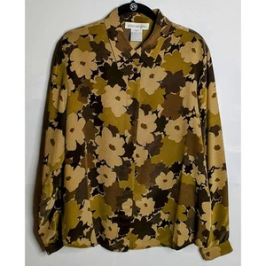 Women's Silk Blouse Green And Tan Floral Long Sleeve Vintage Jones New York, 16 - Picture 1 of 8