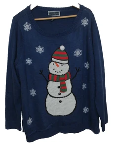 Vintage Karen Scott Christmas Snowman Snowflakes Sweater 2XL Embellished Blue - Picture 1 of 7