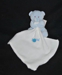 Peluche doudou ours bleu BABY'NAT  BABYNAT velours mouchoir brodé 12 cm TTBE - Picture 1 of 2