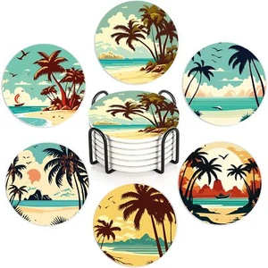 Drink Coasters with Holder,6 Pcs Palm Trees Beach Sunset Absorbent Ceramic Co... - Picture 1 of 7