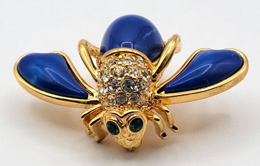JOAN RIVERS BROCHE PRENDEDOR ABEJA PAVÉ CRISTAL ESTRÁS AZUL LUCITE FIRMADO TONO DORADO Foto 1 de 4
