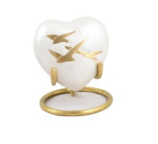 Pearl White Flying Birds Heart Mini Keepsake Urn for Token Ashes Human or Pet