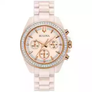 Bulova 98L282 Crystal Accented Chronograph Pink Ceramic Band Women's Watch - Picture 1 of 2