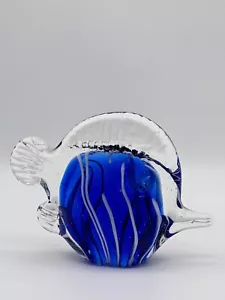 Hand Blown Art Glass Fish Figurine Paperweight Blue White - Picture 1 of 6