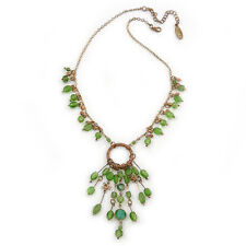 Vintage Inspired Green Glass Bead Tassel Necklace In Bronze Tone - 44cm L/ 7cm