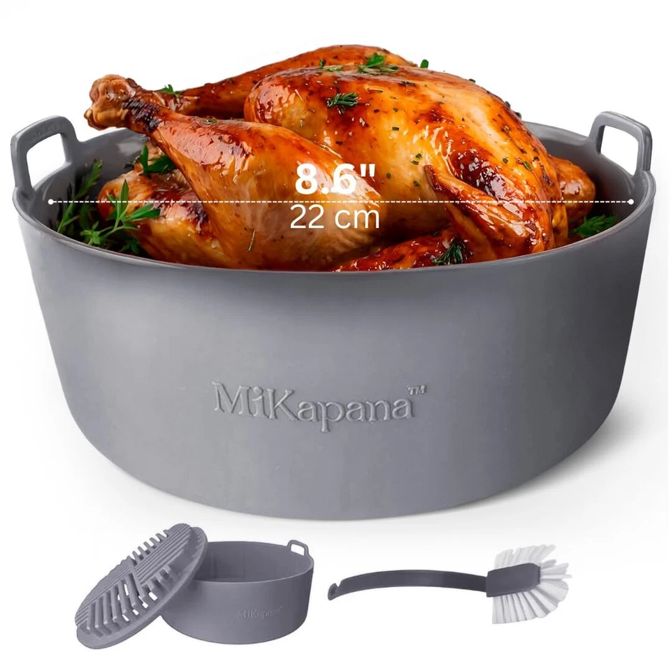 Reusable Silicone Air Fryer Basket – X Large Grey - 5.3 QT or Bigger (8.6 Inch)