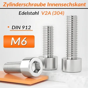 M6 DIN912 Zylinderschraube Innensechskant Kopf Schrauben A2 Edelstahl VA V2A - Picture 1 of 28