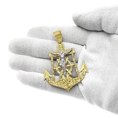 Colgante Cruz Crucifijo Jesús Ancla Para Hombre Oro Amarillo Blanco 10k Dije 2.4 pulgadas Foto 1 de 4