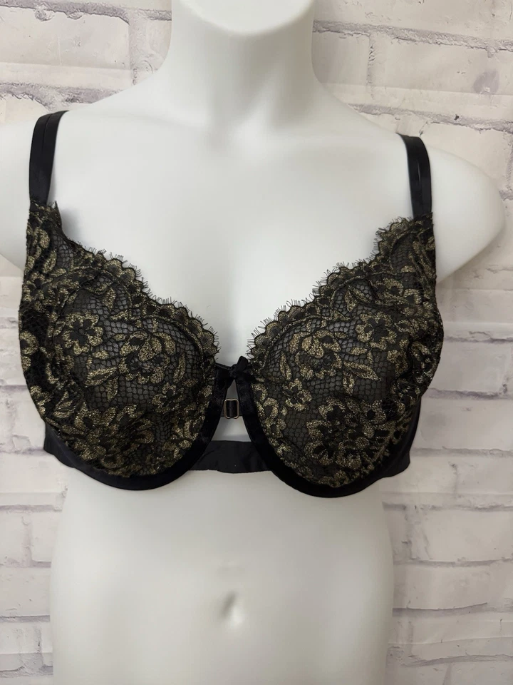 Sujetador Cacique 44DDD Sin Forro Balconette Negro Dorado Encaje Con Aros Lencería Sexy Foto 1 de 4