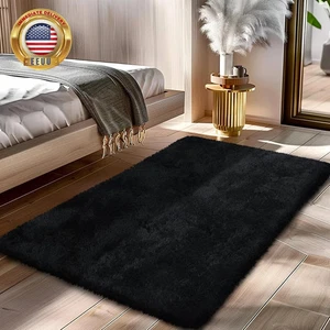 Flauschiger Teppich Shaggy Vorleger, Schwarz 2X4 Vorleger für Schlafzimmer, Kleiner Nachtteppich, - Bild 1 von 3
