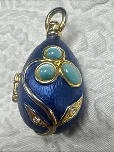 Vintage Blue Enamel with Blue Cat’s Eye Gold Plated Egg Pendant with Compartment - Picture 1 of 18