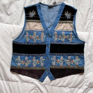 koret Vintage 90s floral embroidered patchwork vest denim velvet size L grandma - Picture 1 of 8