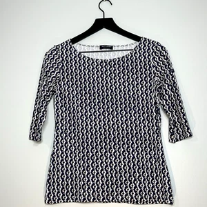 SAINT JAMES Women's Navy Blue Brown White Swirl Print Top 3/4 Sleeve Size 6 - Picture 1 of 9