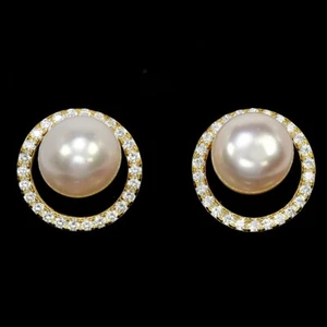 925 STERLING SILVER STUD EARRING AAA WHITE PEARL ROUND 10 MM. & CZ GEMSTONE - Picture 1 of 8