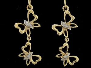 E088- Genuine 9ct Solid Gold Natural Diamond Butterfly Drop Dangle Earrings - Picture 1 of 3