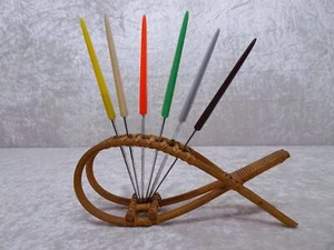 6 x Rockabilly Obstmesser in Bambus Bast Fisch Halter - Vintage um 1950/60 - Bild 1 von 6