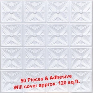 Ceiling Tiles, Glue Up, 20" x 20" MARGARETTA White, 50 PIECES & 3 Tubes ADHESIVE - Imagen 1 de 4
