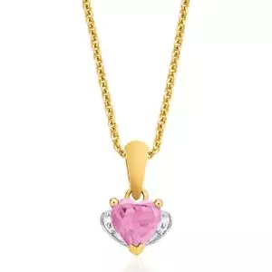 9ct Yellow Gold Heart Cut Created Pink Sapphire Diamond Set Pendant - Picture 1 of 1