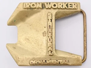Fibbia da cintura vintage in ottone massiccio con costruzione Iron Worker I-Beam - Foto 1 di 3