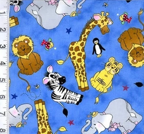 31 Inch Counting Two By Two Animals Blue Cotton Fabric monkey elephants 7/8 Yard - Image 1 of 1