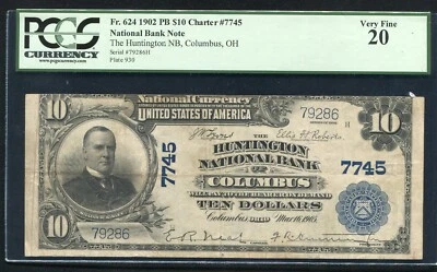 1902 $10 THE HUNTINGTON NATIONAL BANK OF COLUMBUS, OH CH. #7745 PCGS VF-20 - Image 1 of 2