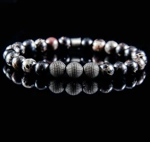 Herren Männer Armband Jaspis Halbedelstein Perlen Rund Kugel Stein Schwarz - Bild 1 von 7