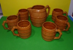Vintage RRP Co USA Roseville Ohio Pottery Barrel Mugs Set of 6 Matching Pitcher - Picture 1 of 5