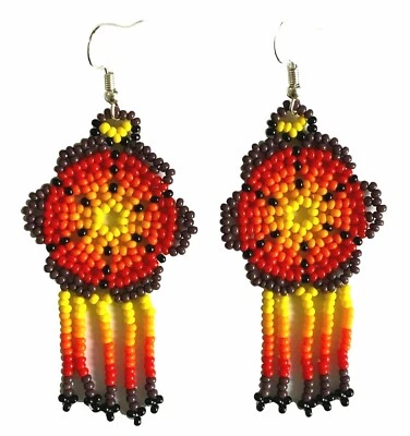NATIVE STYLE HANDMADE ETHNIC FLOWER PURPLE RED BEADED CHANDELIER EARRINGS E61/9 - Image 1 of 3