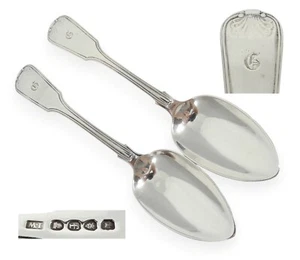 Antique Georgian 1821 Pair of Sterling Silver Dessert Spoons Fiddle Thread Shell - Picture 1 of 10