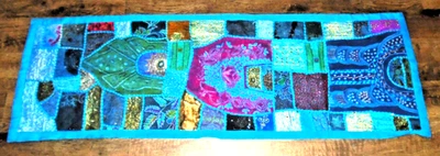Turquoise Embroidered Beaded Wall Tapestry/Table Runner, 59" x 20" - Image 1 of 4