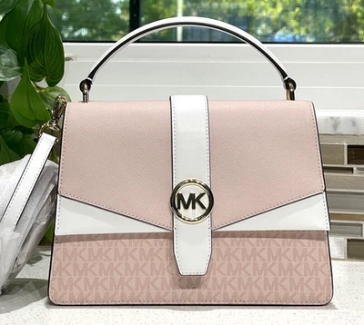 MICHAEL KORS GREENWICH MEDIUM FLAP SATCHEL SHOULDER BAG PURSE MK BLUSH PINK LOGO - Image 1 of 4