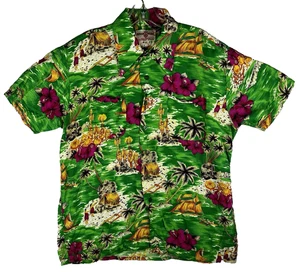 Vintage 50s Hawaiian Holiday Korea Mens L Button Up Shirt Green Hula Polynesian - Picture 1 of 15