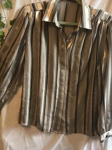 18 Grey Satin Stripe Blouse L SLEEVES VGC Smart - Picture 1 of 5