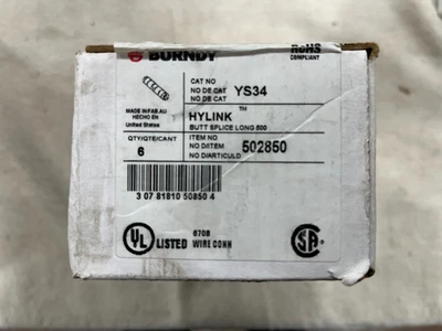 Box of (6) Burndy YS34 500 MCM Long Barrel Compression Butt Splice - Image 1 of 3
