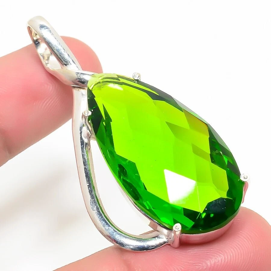 Green Peridot Gemstone Handmade 925 Sterling Silver Jewelry Pendant Size 2.25" - Image 1 of 1