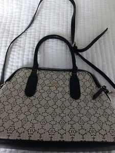 Nanette Lepore Women's Gray Black Logo Print Dome Handbag Crossbody Bag - Picture 1 of 9